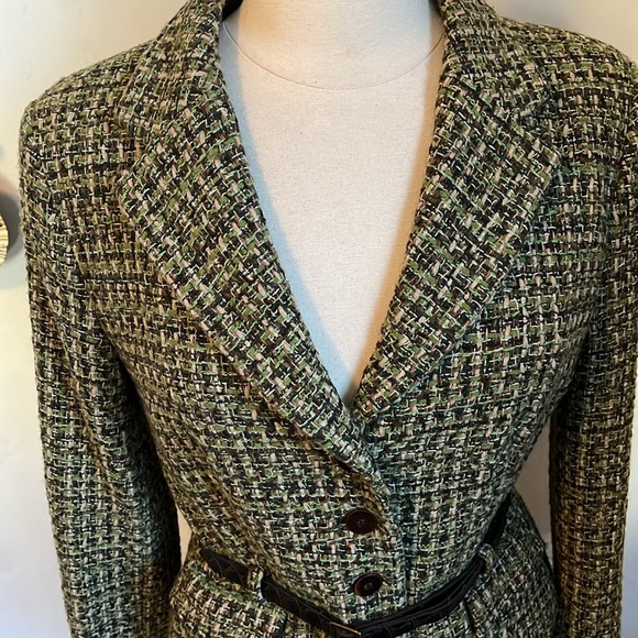 Zara Basic Green & Brown Tweed Wool blend Blazer with buttons & belt Size XL - Picture 10 of 13